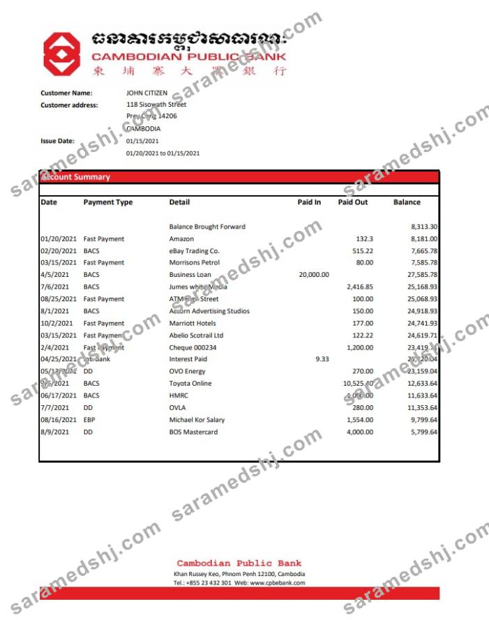 Cambodia Cambodian Public Bank statement easy to fill template in Excel and PDF format